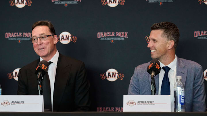 Oct 1, 2024; San Francisco, CA, USA; San Francisco Giants president of baseball operations Buster Posey and manager Bob Melvin address the media during a press conference at Oracle Park. Mandatory Credit: Robert Edwards-Imagn Images