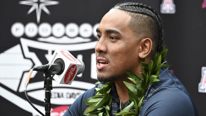 Jul 10, 2024; Las Vegas, NV, USA; Arizona Wildcats quarterback Noah Fifita speaks to the media during the Big 12 Media Days at Allegiant Stadium