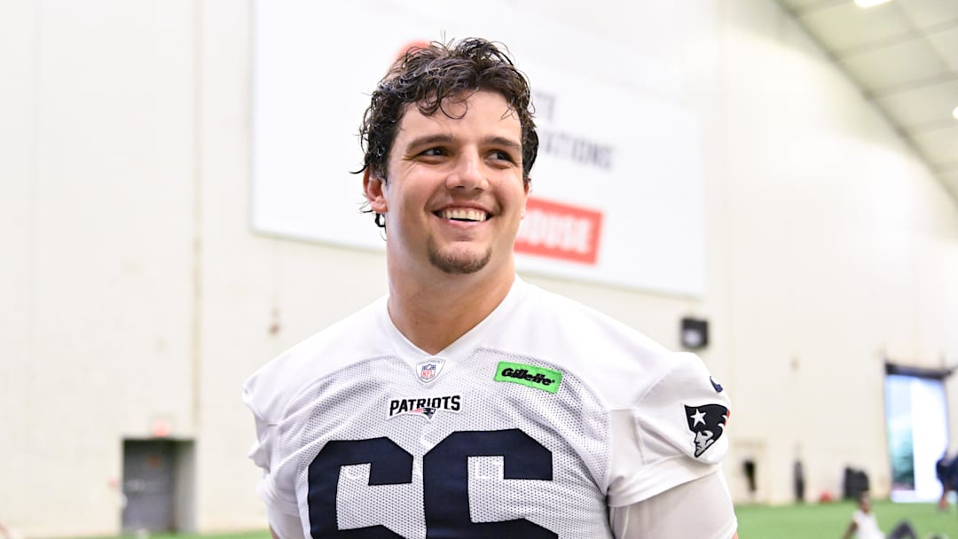 Jun 10, 2025; Foxborough, MA, USA; New England Patriots offensive tackle Will Campbell (66) speaks to the media after minicamp held in the WIN Field House at Gillette Stadium. Mandatory Credit: Eric Canha-Imagn Images
