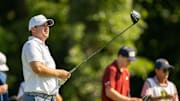 Jul 4, 2025; Silvis, Illinois, USA; Chris Gotterup tees off on the 13th hole during the second round of the John Deere Classic golf tournament. Mandatory Credit: Marc Lebryk-Imagn Images