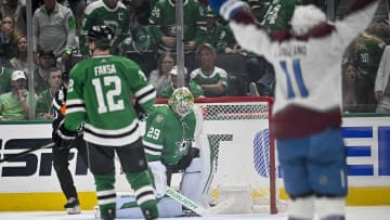 May 7, 2024; Dallas, Texas, USA; Dallas Stars goaltender Jake Oettinger (29) reacts to giving up a