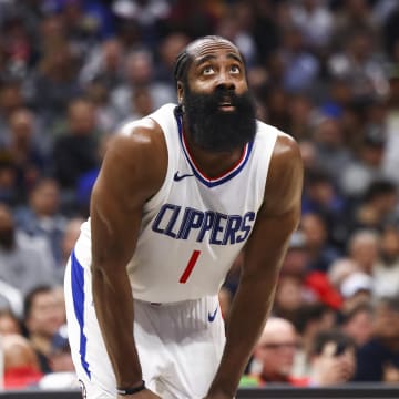 Dec 14, 2023; Los Angeles, California, USA; LA Clippers guard James Harden (1) looks on during the second half of the game against the Golden State Warriors at Crypto.com Arena. 