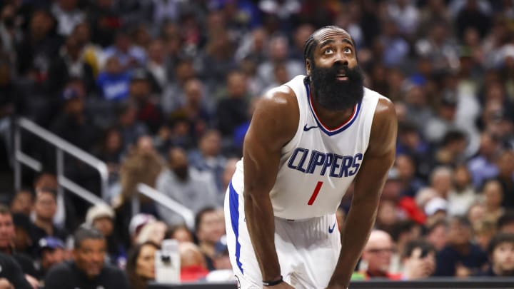 Dec 14, 2023; Los Angeles, California, USA; LA Clippers guard James Harden (1) looks on during the second half of the game against the Golden State Warriors at Crypto.com Arena. 