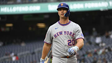 Aug 21, 2025; Washington, District of Columbia, USA; New York Mets first baseman Pete Alonso (20) reacts after striking out against the Washington Nationals during the first inning at Nationals Park. Mandatory Credit: Brad Mills-Imagn Images
