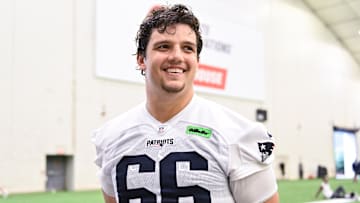 Jun 10, 2025; Foxborough, MA, USA; New England Patriots offensive tackle Will Campbell (66) speaks to the media after minicamp held in the WIN Field House at Gillette Stadium. Mandatory Credit: Eric Canha-Imagn Images
