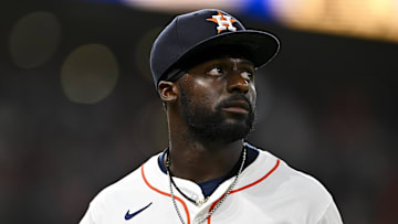 Jun 25, 2025; Houston, Texas, USA; Houston Astros left fielder Taylor Trammell (26) looks on at the end of the in the sixth inning against the Philadelphia Phillies at Daikin Park. Mandatory Credit: Maria Lysaker-Imagn Images 