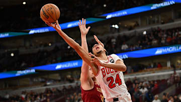 Oct 9, 2025; Chicago, Illinois, USA; Chicago Bulls forward Noa Essengue (24) goes up for a shot against the Cleveland Cavaliers during the second half at United Center. Mandatory Credit: Patrick Gorski-Imagn Images