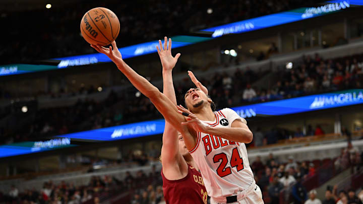 Oct 9, 2025; Chicago, Illinois, USA; Chicago Bulls forward Noa Essengue (24) goes up for a shot against the Cleveland Cavaliers during the second half at United Center. Mandatory Credit: Patrick Gorski-Imagn Images