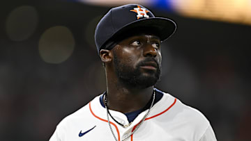 Jun 25, 2025; Houston, Texas, USA; Houston Astros left fielder Taylor Trammell (26) looks on at the end of the in the sixth inning against the Philadelphia Phillies at Daikin Park.