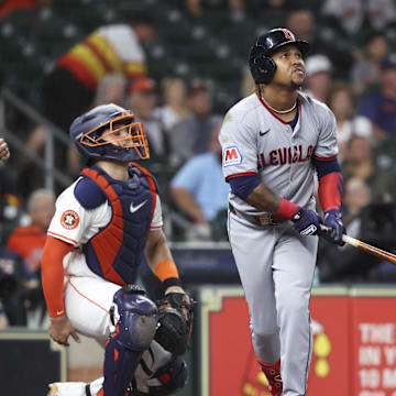 Jul 8, 2025; Houston, Texas, USA; Cleveland Guardians designated hitter Jose Ramirez (11) hits a two-run home run during the first inning against the Houston Astros at Daikin Park. Mandatory Credit: Troy Taormina-Imagn Images
