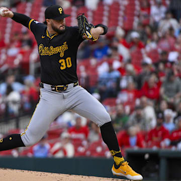 May 6, 2025; St. Louis, Missouri, USA;  Pittsburgh Pirates starting pitcher Paul Skenes (30) pitches against the St. Louis Cardinals during the first inning at Busch Stadium. Mandatory Credit: Jeff Curry-Imagn Images