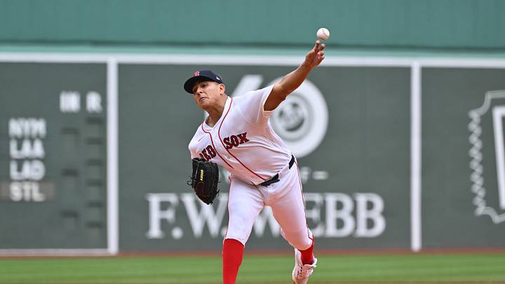 May 3, 2026; Boston, Massachusetts, USA; Boston Red Sox starting pitcher Ranger Suarez (55) pitches against the Houston Astros during the first inning at Fenway Park. Mandatory Credit: Eric Canha-Imagn Images