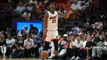 Apr 12, 2024; Miami, Florida, USA;  Miami Heat forward Jimmy Butler (22) calls out a play against the Toronto Raptors during the first half at Kaseya Center. Mandatory Credit: Jim Rassol-USA TODAY Sports