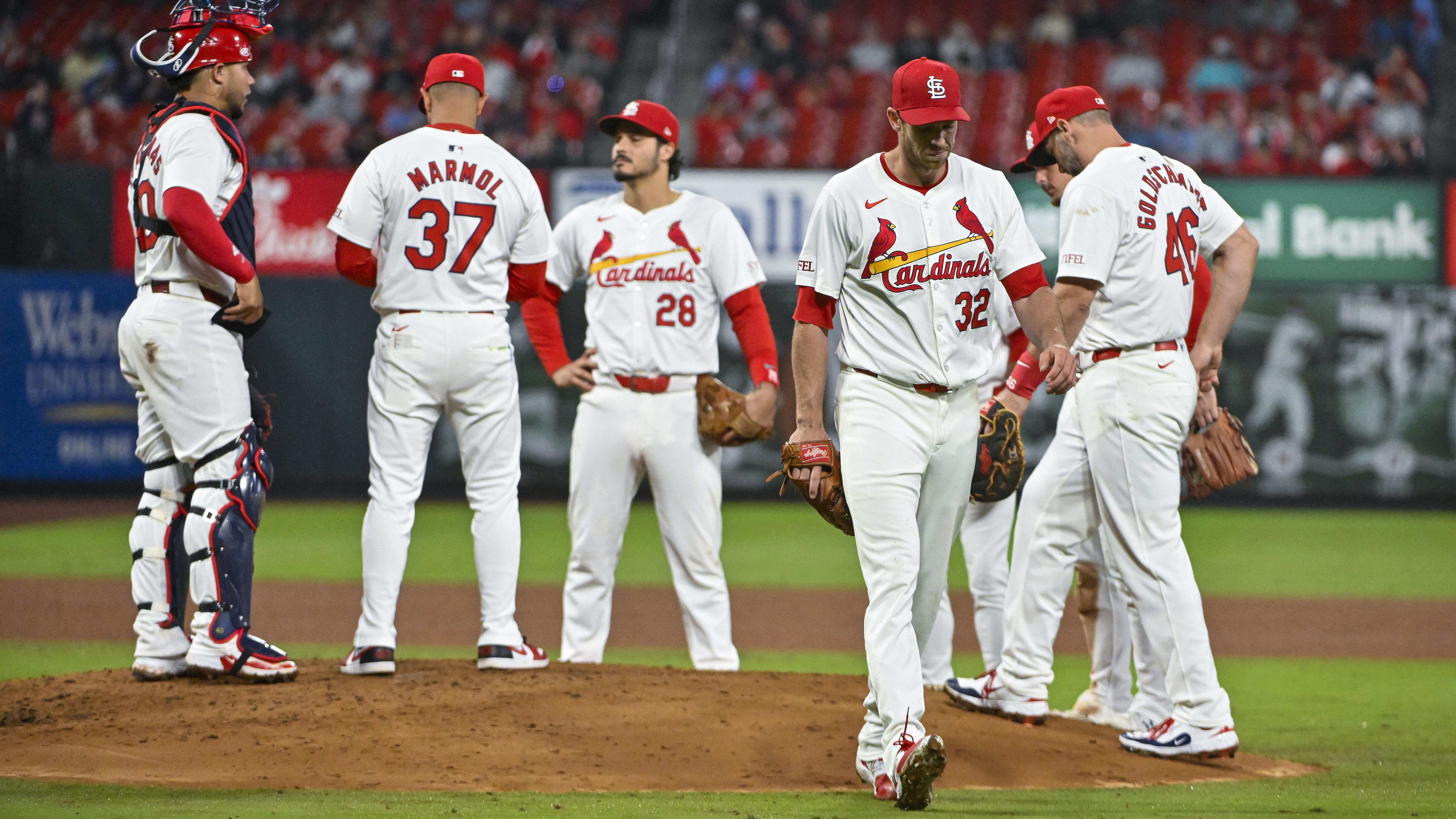 Apr 23, 2024; St. Louis, Missouri, USA; St. Louis Cardinals starting pitcher Steven Matz (32) walks off the mound.