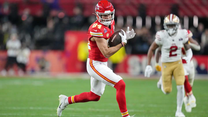 Feb 11, 2024; Paradise, Nevada, USA; Kansas City Chiefs wide receiver Justin Watson (84) makes a catch against the Kansas City Chiefs during the fourth quarter of Super Bowl LVIII at Allegiant Stadium. Mandatory Credit: Kirby Lee-USA TODAY Sports