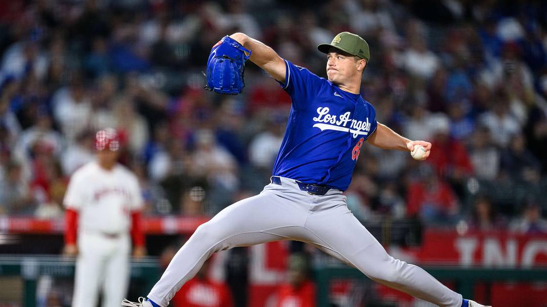 May 15, 2026; Anaheim, California, USA; Los Angeles Dodgers pitcher Jack Dreyer (86) delivers during the eighth inning against the Los Angeles Angels at Angel Stadium. Mandatory Credit: William Liang-Imagn Images