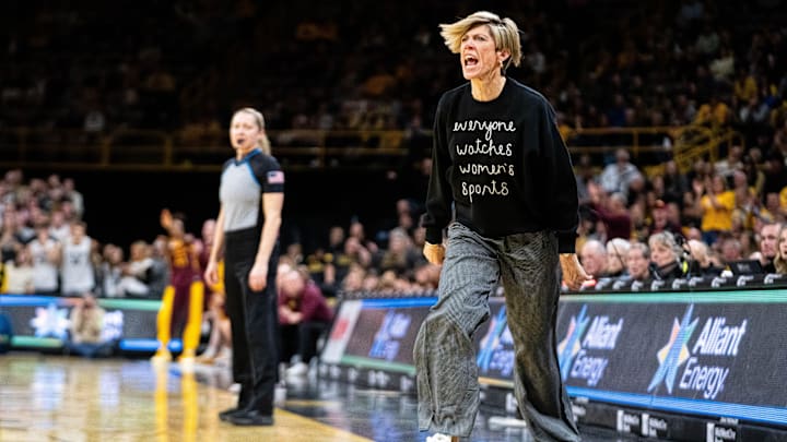 Iowa head coach Jan Jensen shouts after a call by an official against the Hawkeyes on Feb. 5, 2026, at Carver-Hawkeye Arena.