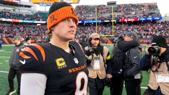 Cincinnati Bengals quarterback Joe Burrow (9) looks for hands to shake after the fourth quarter of the NFL Week 18 game between the Cincinnati Bengals and the Cleveland Browns at Paycor Stadium in Downtown Cincinnati on Sunday, Jan. 4, 2026. The Browns kicked a last second field goal to win 20-18.