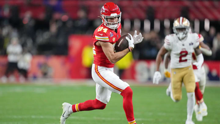 Feb 11, 2024; Paradise, Nevada, USA; Kansas City Chiefs wide receiver Justin Watson (84) makes a catch against the Kansas City Chiefs during the fourth quarter of Super Bowl LVIII at Allegiant Stadium. Mandatory Credit: Kirby Lee-USA TODAY Sports