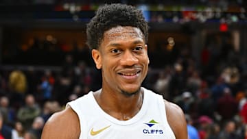 De'Andre Hunter #12 of the  Cleveland Cavaliers reacts against the Portland Trail Blazers.