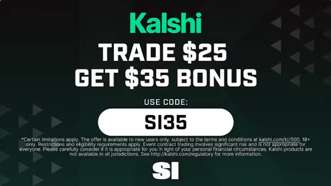 Use Kalshi promo code SI35 for a $35 trading bonus during Week 1 College Football. Trade $25, get $35 to trade on 132 games starting Thursday. Use Kalshi promo code SI35 for a $35 trading bonus during Week 1 College Football. Trade $25, get $35 to trade on 132 games starting Thursday.