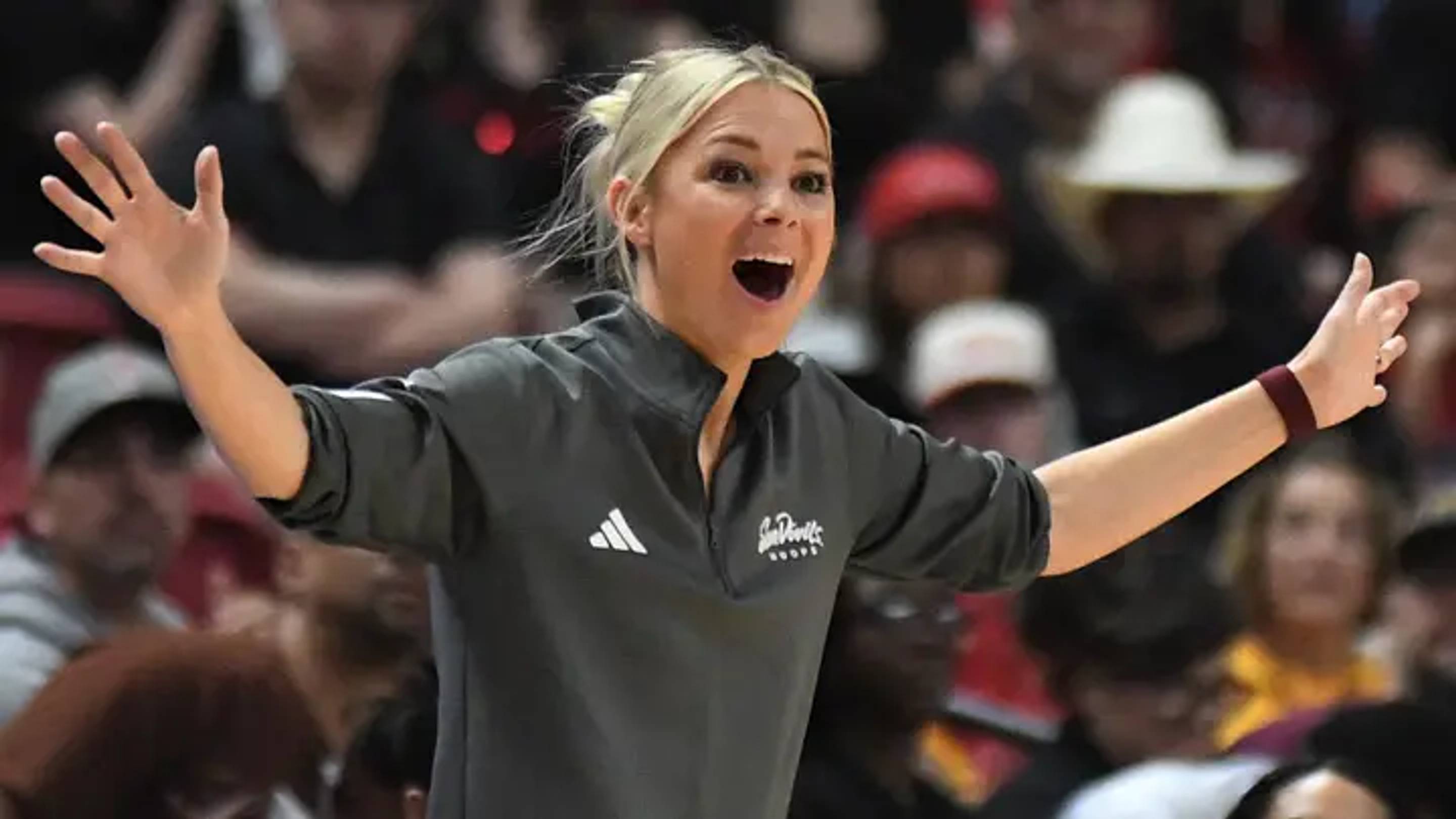 Arizona State women's basketball coach Molly Miller instructs her team against Texas Tech in a Big 12 game Sunday, March 1, 2026, at United Supermarkets Arena. | © Stephen Garcia/Avalanche-Journal / USA TODAY NETWORK via Imagn Images