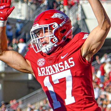 Arkansas defensive back Hudson Clark celebrates a big play against Alabama. He will miss Saturday's game, according to the SEC's availability report.