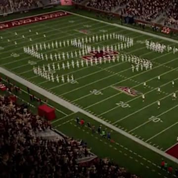 Boston College's "BC" band performance on the field in-game. 