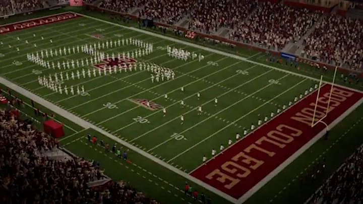 Boston College's "BC" band performance on the field in-game. Boston College's "BC" band performance on the field in-game.