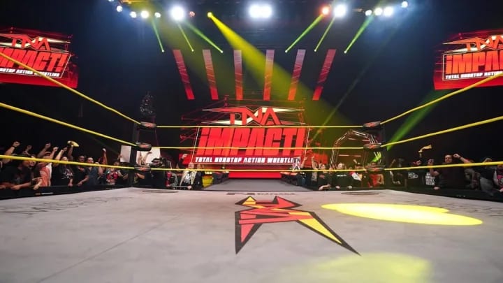 A look at the TNA Wrestling ring and stage during an episode of Impact.