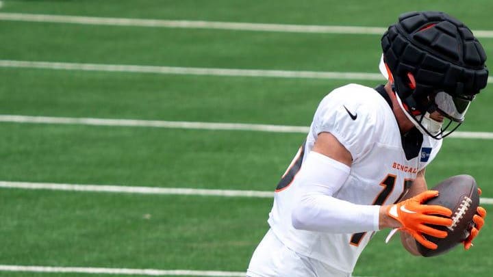 Cincinnati Bengals wide receiver Charlie Jones (15) drags his feet during Cincinnati Bengals practice at Paycor Stadium on Thursday, Aug. 8, 2024.