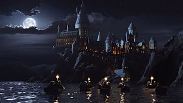 Students arrive at Hogwarts Castle in Warner Bros. Pictures' family adventure film "Harry Potter and the Sorcerer's Stone."
