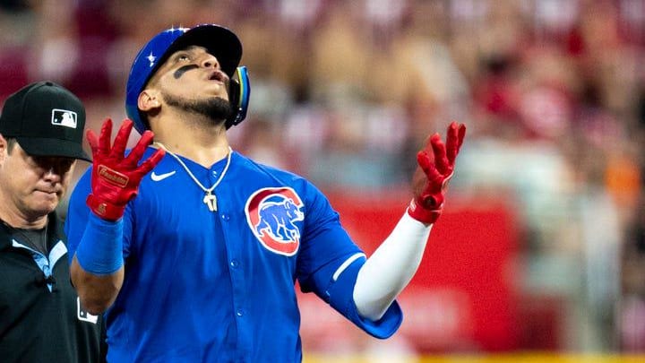 Chicago Cubs third baseman Isaac Paredes reacts to hitting a double in the sixth inning of the MLB game between the Cincinnati Reds and the Chicago Cubs at Great American Ballpark in Cincinnati on Wednesday, July 31, 2024.