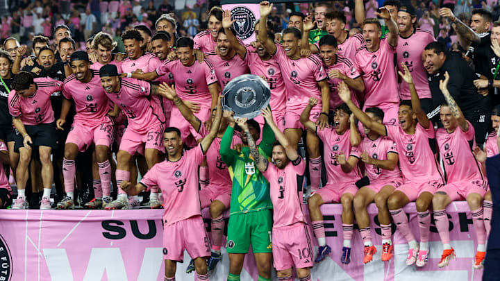Inter Miami players celebrate their record breaking supporters shield 