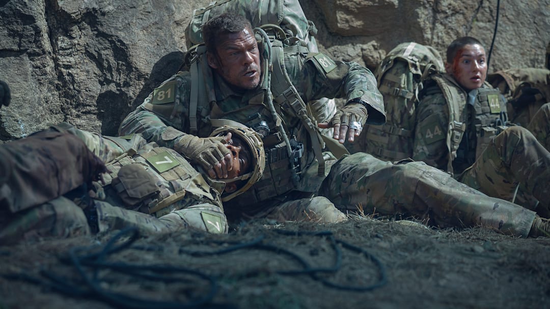 (L-R) Stephan James as 7, Alan Ritchson as 81, and Alex King as 44 in War Machine