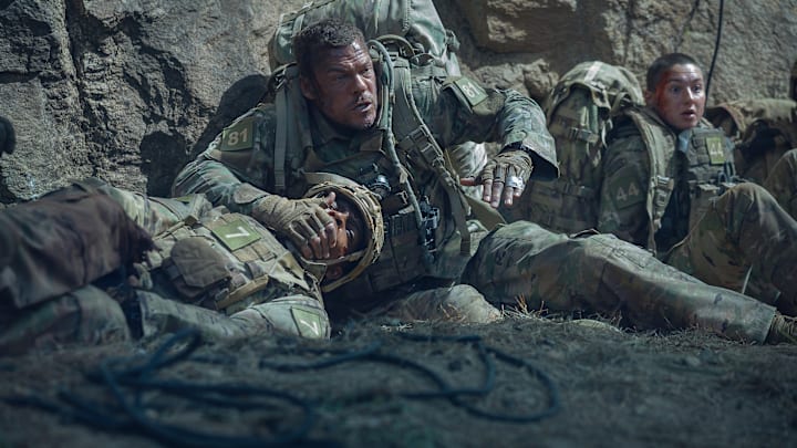 (L-R) Stephan James as 7, Alan Ritchson as 81, and Alex King as 44 in War Machine