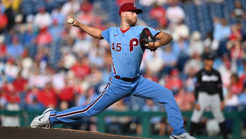 Jun 27, 2024; Philadelphia, Pennsylvania, USA; Philadelphia Phillies starting pitcher Zack Wheeler (45) throws a pitch against the Miami Marlins in the first inning at Citizens Bank Park. Mandatory Credit: Kyle Ross-USA TODAY Sports