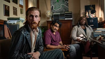 Hit Man. (L-R) Austin Amelio as Jasper, Sanjay Rao as Phil and Retta as Claudette in Hit Man. Cr. Brian Roedel/Netflix © 2024