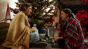 Hot Frosty. (L-R) Dustin Milligan as Jack Snowman and Lacey Chabert as Kathy Barrett in Hot Frosty. 
