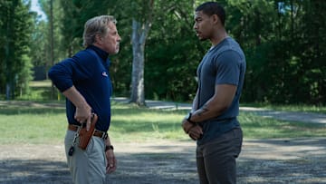 Rebel Ridge. (L-R) Don Johnson as Chief Sandy Burnne and Aaron Pierre as Terry Richmond in Rebel Ridge. Cr. Allyson Riggs/Netflix © 2024.