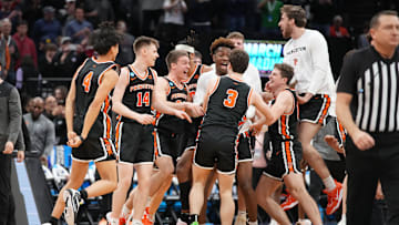 Mar 16, 2023; Sacramento, CA, USA; Princeton Tigers celebrate the victory against the Arizona Wildcats at Golden 1 Center. Mandatory Credit: Kyle Terada-Imagn Images