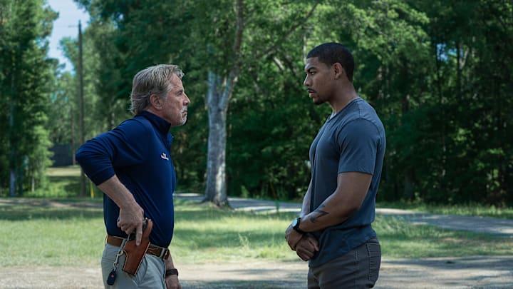 Rebel Ridge. (L-R) Don Johnson as Chief Sandy Burnne and Aaron Pierre as Terry Richmond in Rebel Ridge