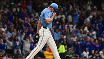 May 2, 2025; Milwaukee, Wisconsin, USA; Milwaukee Brewers pitcher Quinn Priester (46) reacts after giving up a grand slam home run to Chicago Cubs first baseman Michael Busch (not pictured) in the second inning at American Family Field. Mandatory Credit: Benny Sieu-Imagn Images