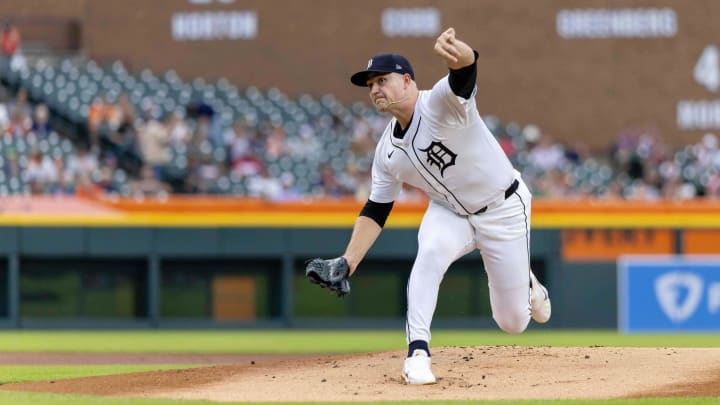 Jun 25, 2024; Detroit, Michigan, USA; Detroit Tigers starting pitcher Tarik Skubal (29) pitches in the first inning against the Philadelphia Phillies at Comerica Park. Mandatory Credit: David Reginek-USA TODAY Sports