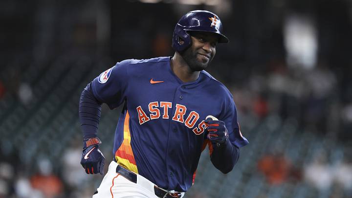 Jun 7, 2026; Houston, Texas, USA; Houston Astros designated hitter Yordan Alvarez (44) smiles while running to first base on a single during the first inning against the Athletics at Daikin Park. Mandatory Credit: Troy Taormina-Imagn Images