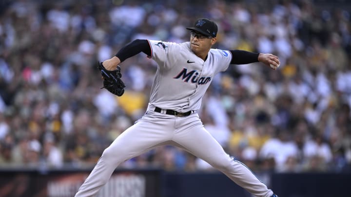 Aug 22, 2023; San Diego, California, USA; Miami Marlins starting pitcher Jesus Luzardo (44) throws a pitch against the San Diego Padres during the first inning at Petco Park. Mandatory Credit: Orlando Ramirez-USA TODAY Sports