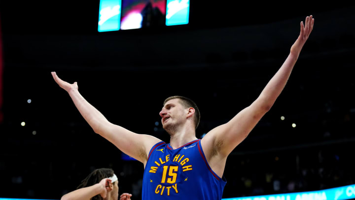 Mar 5, 2024; Denver, Colorado, USA; Denver Nuggets center Nikola Jokic (15) reacts to a foul in the