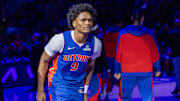 Mar 11, 2025; Detroit, Michigan, USA; Detroit Pistons forward Ausar Thompson (9) is introduced before the game against the Washington Wizards  during the first half at Little Caesars Arena. Mandatory Credit: David Reginek-Imagn Images