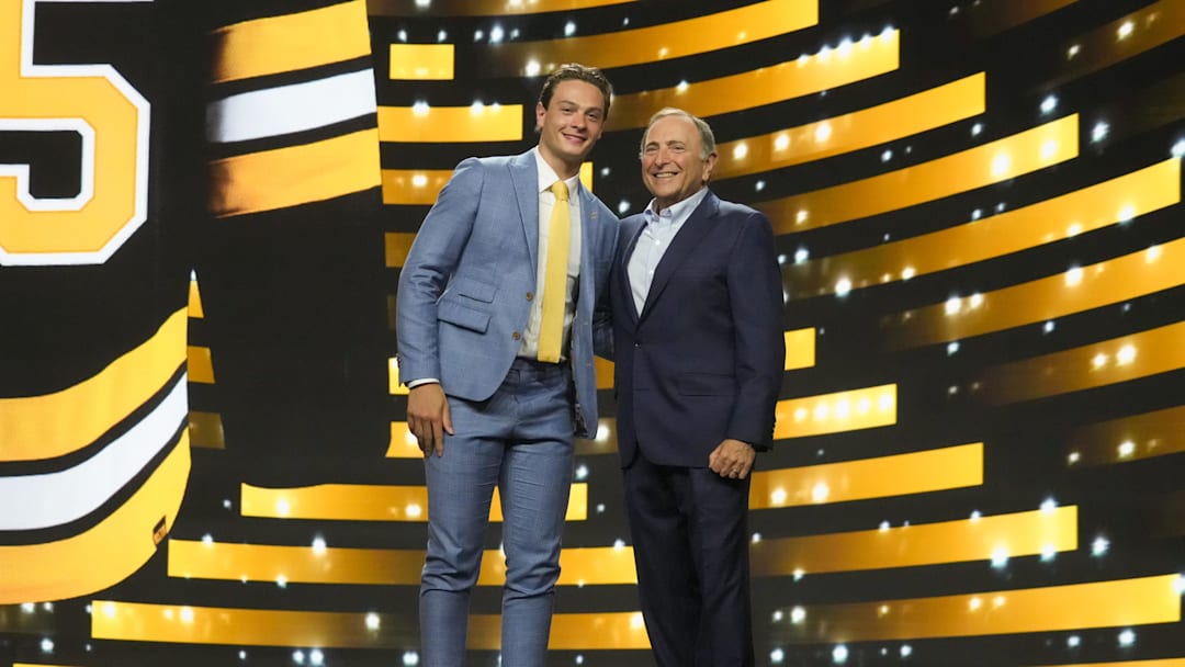 Jun 27, 2025; Los Angeles, California, USA; James Hagens is selected as the seventh overall pick to the Boston Bruins in the first round of the 2025 NHL Draft at Peacock Theater. Mandatory Credit: Kirby Lee-Imagn Images