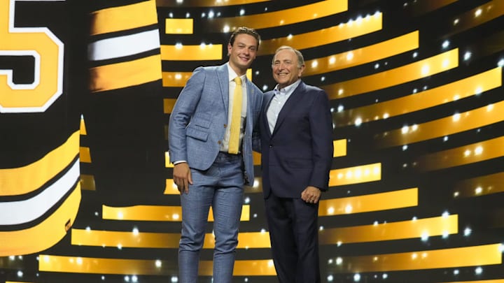 Jun 27, 2025; Los Angeles, California, USA; James Hagens is selected as the seventh overall pick to the Boston Bruins in the first round of the 2025 NHL Draft at Peacock Theater. Mandatory Credit: Kirby Lee-Imagn Images